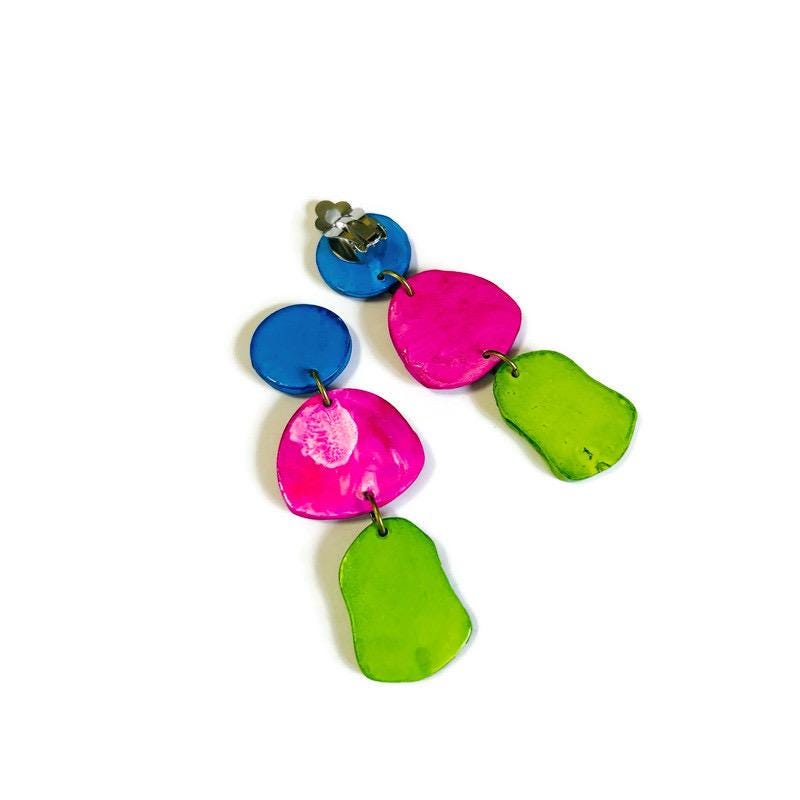 Long Statement Earrings, Bright Colorful Drop Dangles or Clip Ons